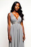 Grey V-Neck Beaded Long Wedding Guest Dress