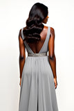 Grey V-Neck Beaded Long Wedding Guest Dress