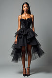 Sweetheart Ruffled A Line High-Low Black Tie Dress