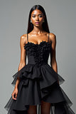 Sweetheart Ruffled A Line High-Low Black Tie Dress