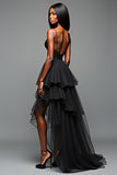 Spaghetti Straps High-Low A Line Black Tie Dress