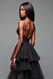 Spaghetti Straps High-Low A Line Black Tie Dress