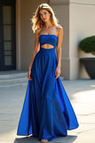 Blue Hollow Out A Line Long Wedding Guest Dress