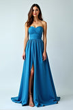 A Line Strapless Long Blue Wedding Guest Dress With Slit