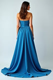 A Line Strapless Long Blue Wedding Guest Dress With Slit