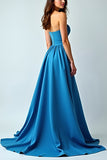 A Line Strapless Long Blue Wedding Guest Dress With Slit