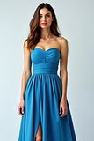 A Line Strapless Long Blue Wedding Guest Dress With Slit