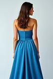 A Line Strapless Long Blue Wedding Guest Dress With Slit