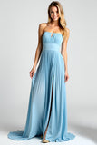 Blue A Line Pleated Long Wedding Guest Dress