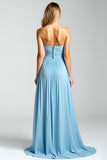 Blue A Line Pleated Long Wedding Guest Dress