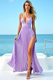 Purple Pleated Spaghetti Straps Long Wedding Guest Dress With Slit