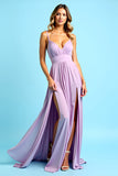 V-Neck Pleated Long Purple Wedding Guest Dress With Slit