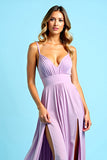 V-Neck Pleated Long Purple Wedding Guest Dress With Slit