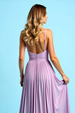 V-Neck Pleated Long Purple Wedding Guest Dress With Slit