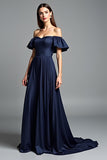 Navy Off The Shoulder A Line Long Formal Dress