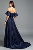 Navy Off The Shoulder A Line Long Formal Dress