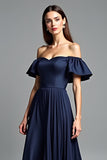 Navy Off The Shoulder A Line Long Formal Dress