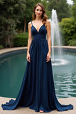 V-Neck A Line Long Navy Wedding Guest Dress