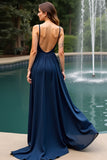 V-Neck A Line Long Navy Wedding Guest Dress