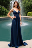 V-Neck A Line Long Navy Wedding Guest Dress