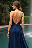 V-Neck A Line Long Navy Wedding Guest Dress