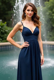 V-Neck A Line Long Navy Wedding Guest Dress