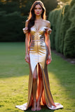 Metallic Rose Golden Off the Shoulder Prom Dress with Front Slit