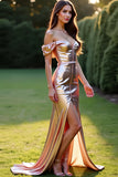 Metallic Rose Golden Off the Shoulder Prom Dress with Front Slit