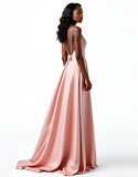 Blush Backless V-Neck Long Wedding Guest Dress