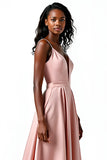 Blush Backless V-Neck Long Wedding Guest Dress