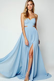 Blue Strapless Cut Out Long Wedding Guest Dress With Slit