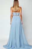 Blue Strapless Cut Out Long Wedding Guest Dress With Slit