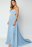 Blue Strapless Cut Out Long Wedding Guest Dress With Slit