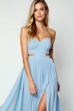 Blue Strapless Cut Out Long Wedding Guest Dress With Slit