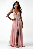 Blush V-Neck Beaded Long Wedding Guest Dress With Slit