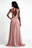 Blush V-Neck Beaded Long Wedding Guest Dress With Slit