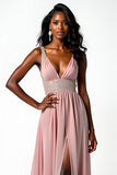 Blush V-Neck Beaded Long Wedding Guest Dress With Slit