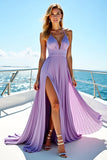 Pleated Halter Long Purple Wedding Guest Dress With Slit