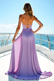 Pleated Halter Long Purple Wedding Guest Dress With Slit