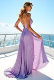 Pleated Halter Long Purple Wedding Guest Dress With Slit