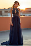 Navy Halter Beaded Long Formal Dress