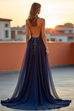 Navy Halter Beaded Long Formal Dress