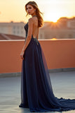 Navy Halter Beaded Long Formal Dress