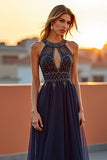 Navy Halter Beaded Long Formal Dress