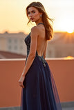 Navy Halter Beaded Long Formal Dress