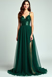 Green Beaded Spaghetti Straps Long Formal Dress With Slit