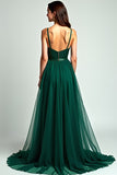 Green Beaded Spaghetti Straps Long Formal Dress With Slit