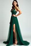 Green Beaded Spaghetti Straps Long Formal Dress With Slit