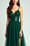 Green Beaded Spaghetti Straps Long Formal Dress With Slit