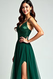 Green Beaded Spaghetti Straps Long Formal Dress With Slit